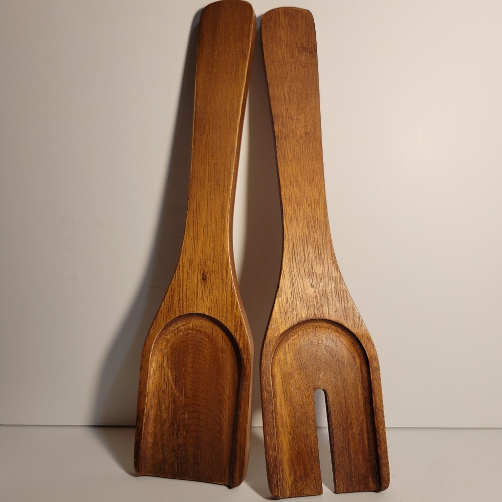 Unique Vintage Teak Wood Salad Serving Fork & Spoon Set Mid Century Modern MCM